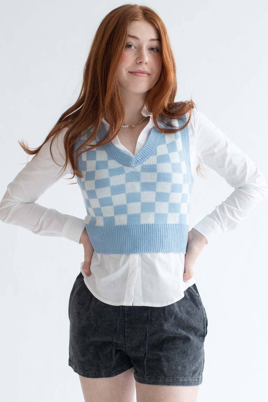 Powdered Blue Checkered Sweater Vest