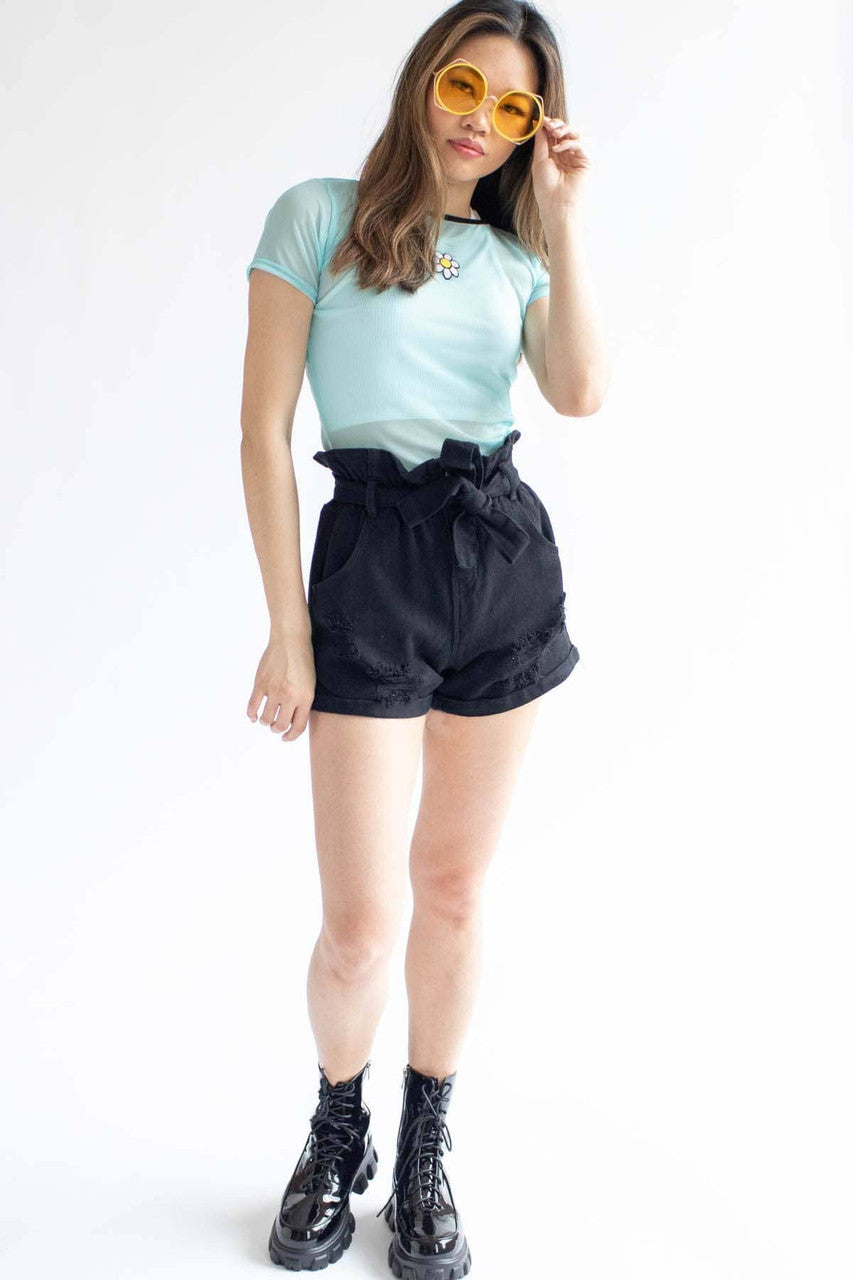 Blue Daisy Embroidered Mesh Tee