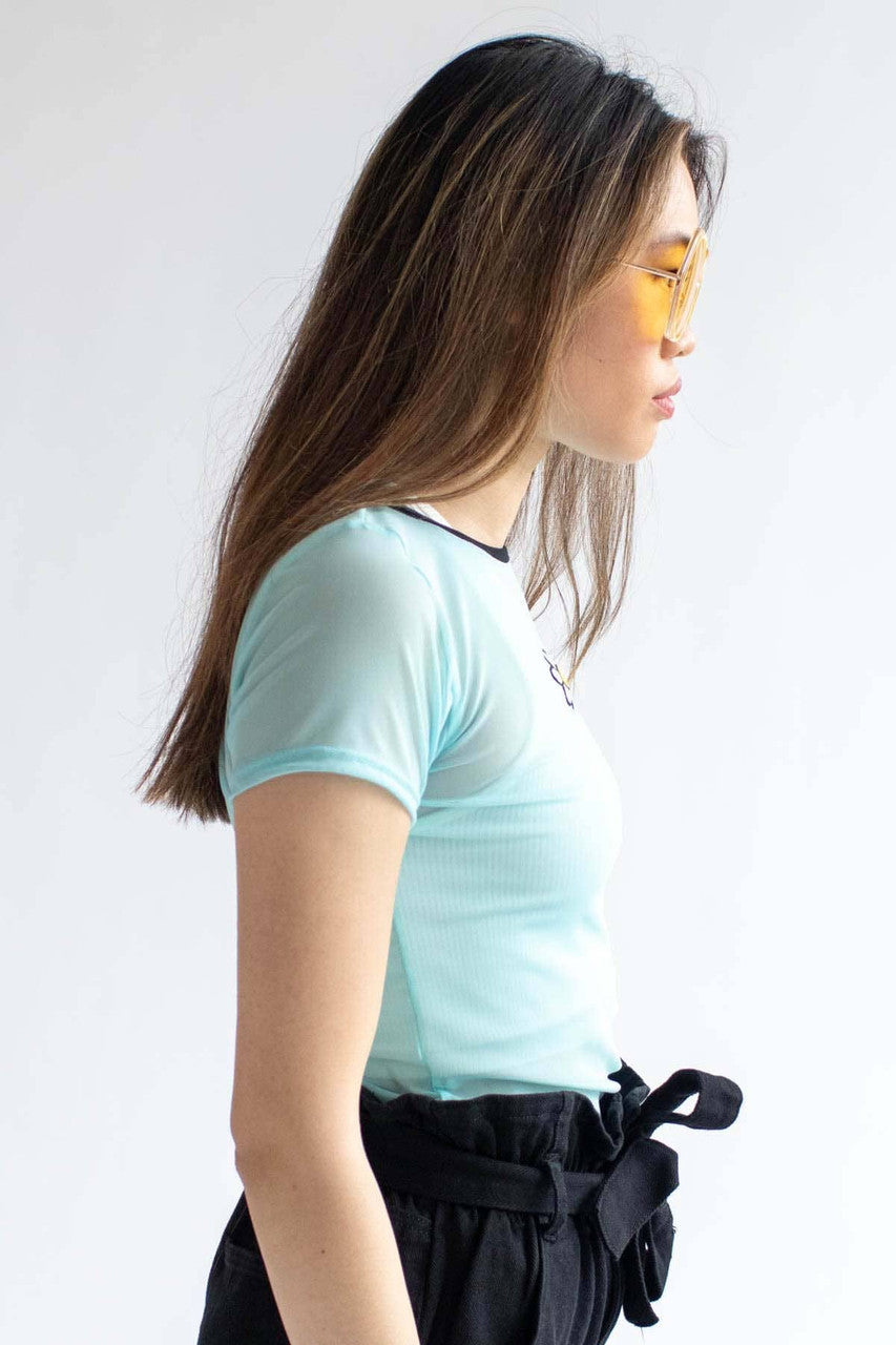 Blue Daisy Embroidered Mesh Tee