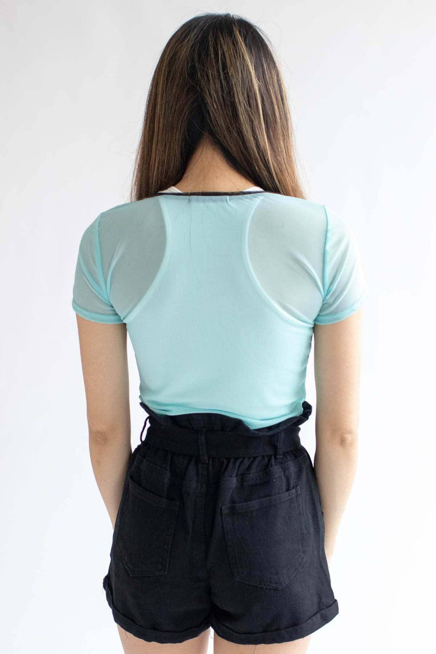 Blue Daisy Embroidered Mesh Tee