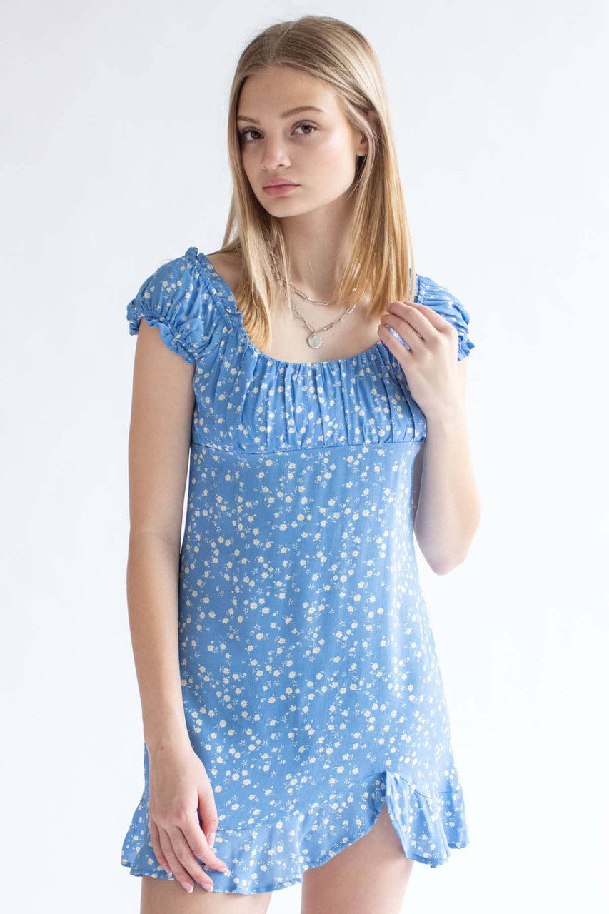 Blue Ditsy Floral Milkmaid Dress