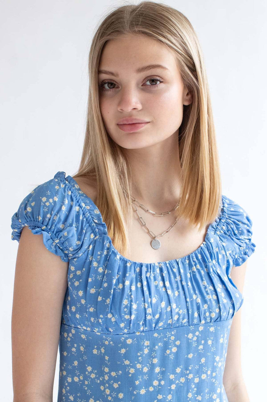 Blue Ditsy Floral Milkmaid Dress