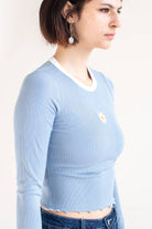 Blue Embroidered Daisy Long Sleeve Tee