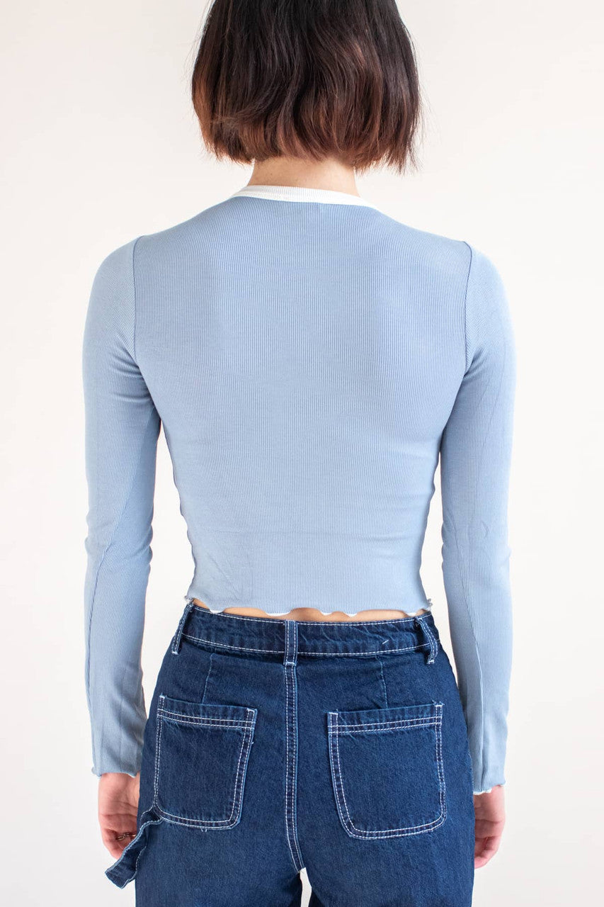 Blue Embroidered Daisy Long Sleeve Tee