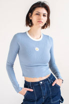 Blue Embroidered Daisy Long Sleeve Tee