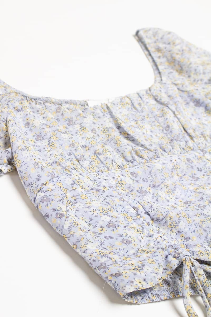 Blue Floral Milkmaid Cinched Cropped Top