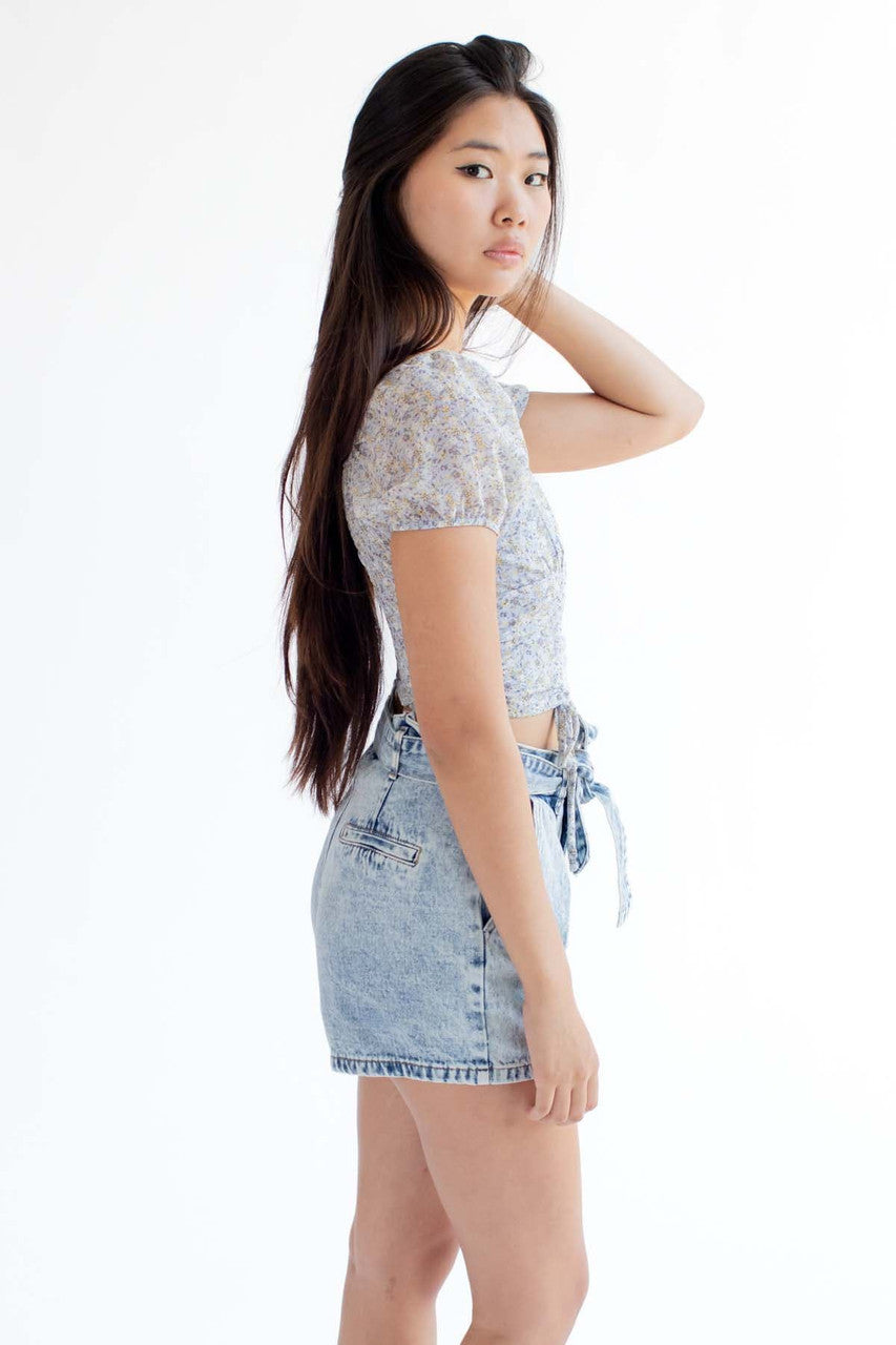 Blue Floral Milkmaid Cinched Cropped Top