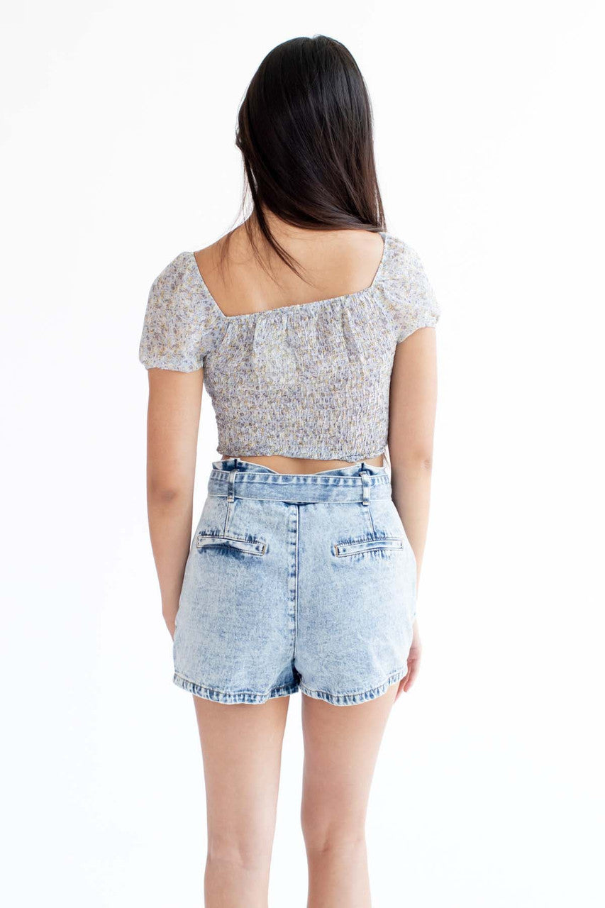 Blue Floral Milkmaid Cinched Cropped Top