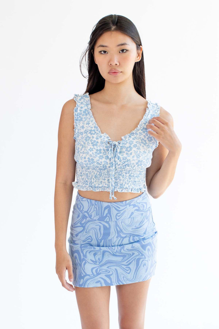 Blue Gauze Floral Smock Waist Top