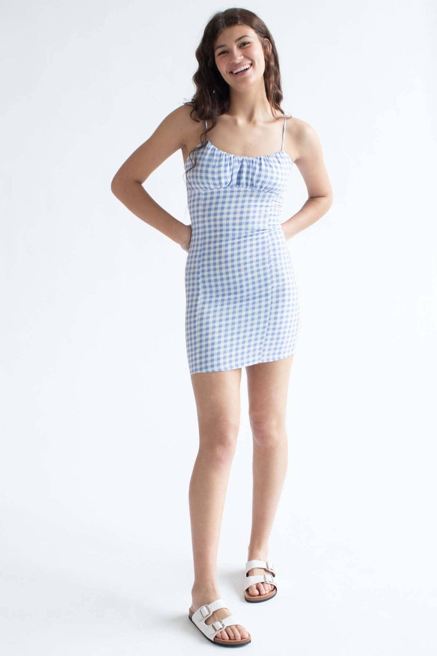 Blue Gingham Milkmaid Mini Dress