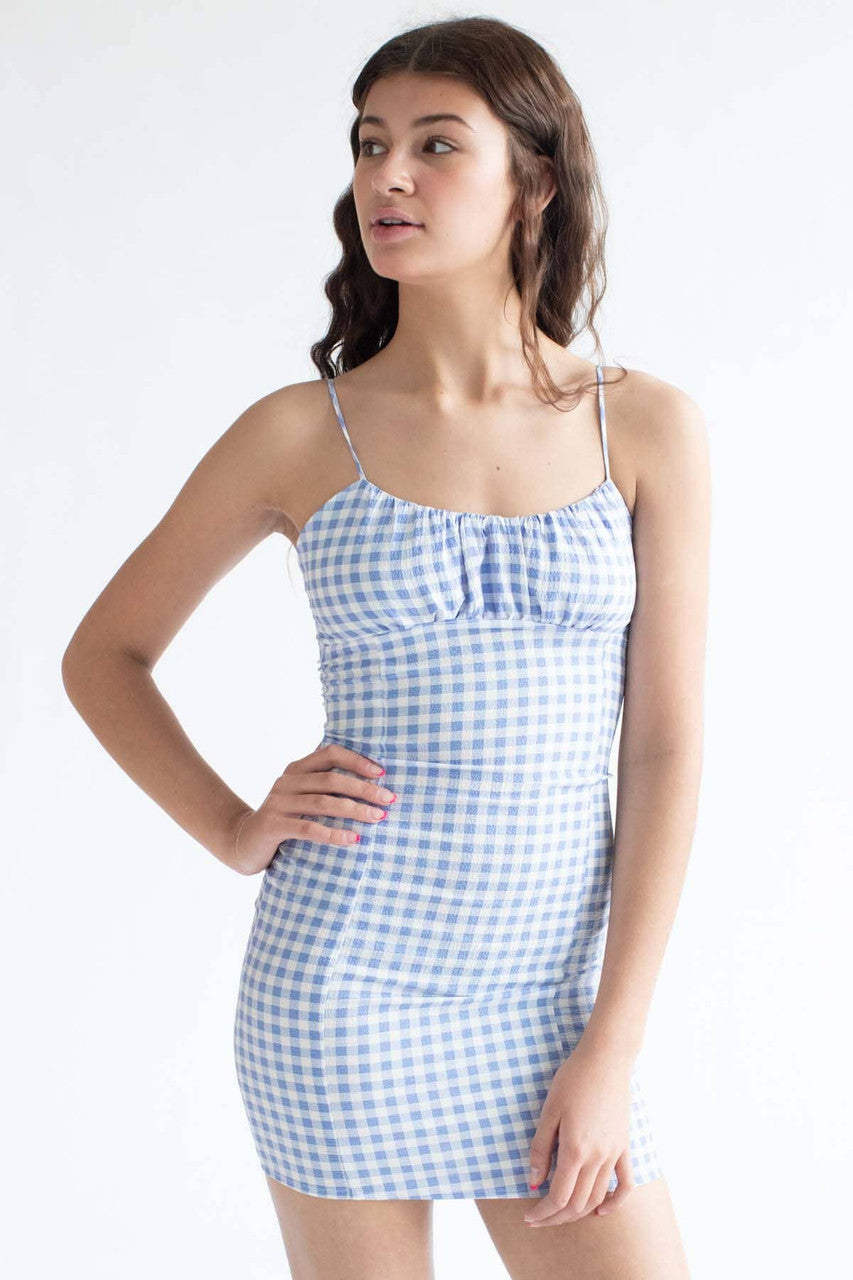 Blue Gingham Milkmaid Mini Dress