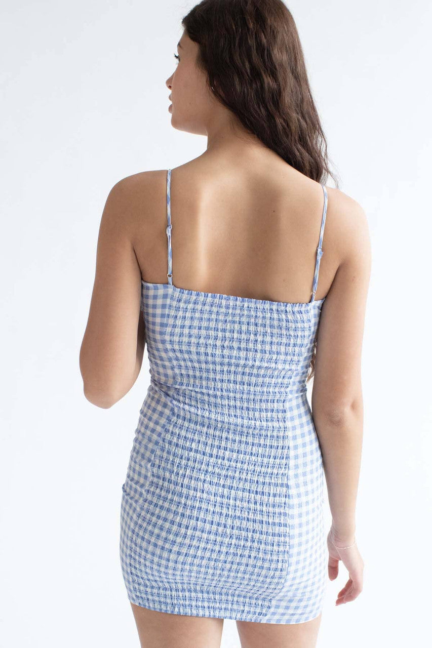 Blue Gingham Milkmaid Mini Dress