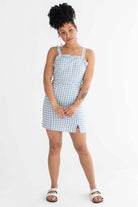 Blue Gingham Ruffle Strap Dress