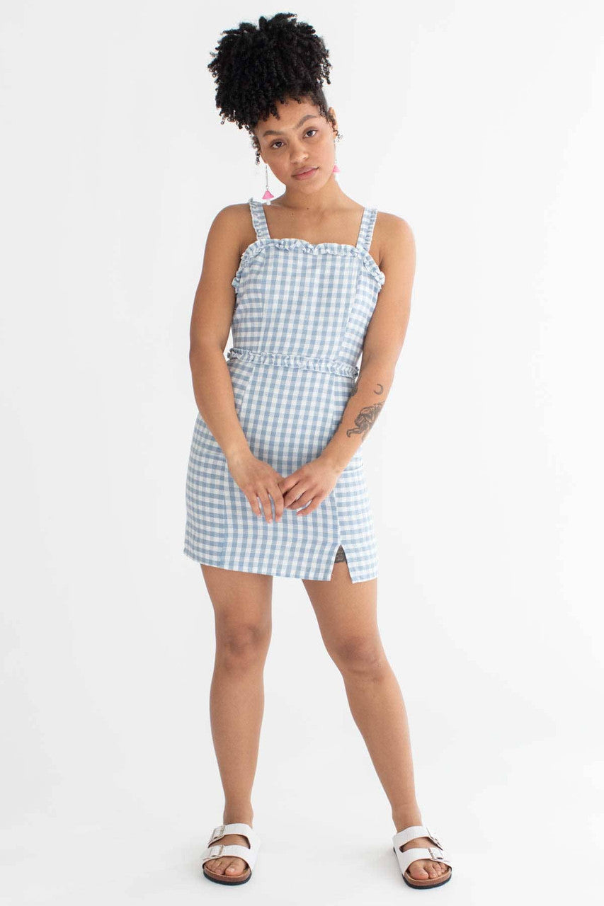 Blue Gingham Ruffle Strap Dress