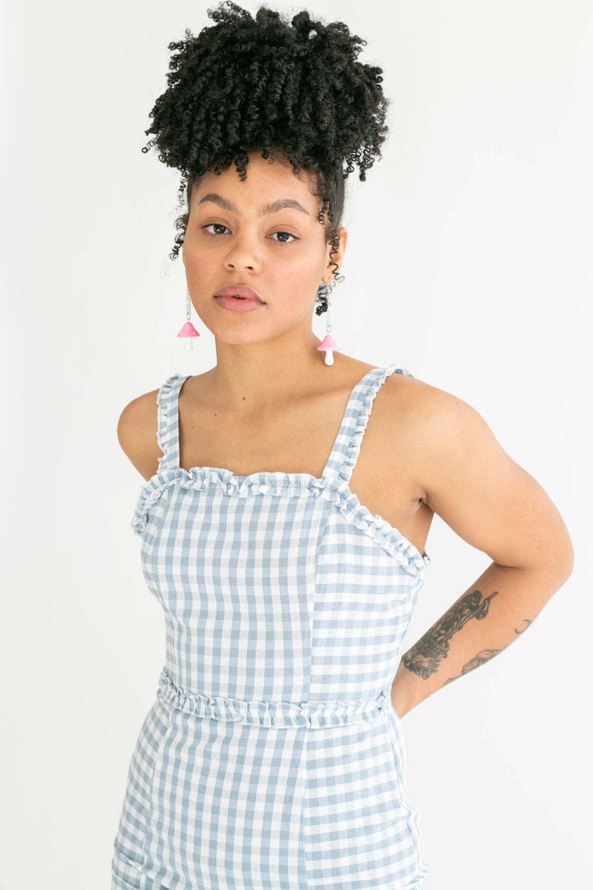 Blue Gingham Ruffle Strap Dress