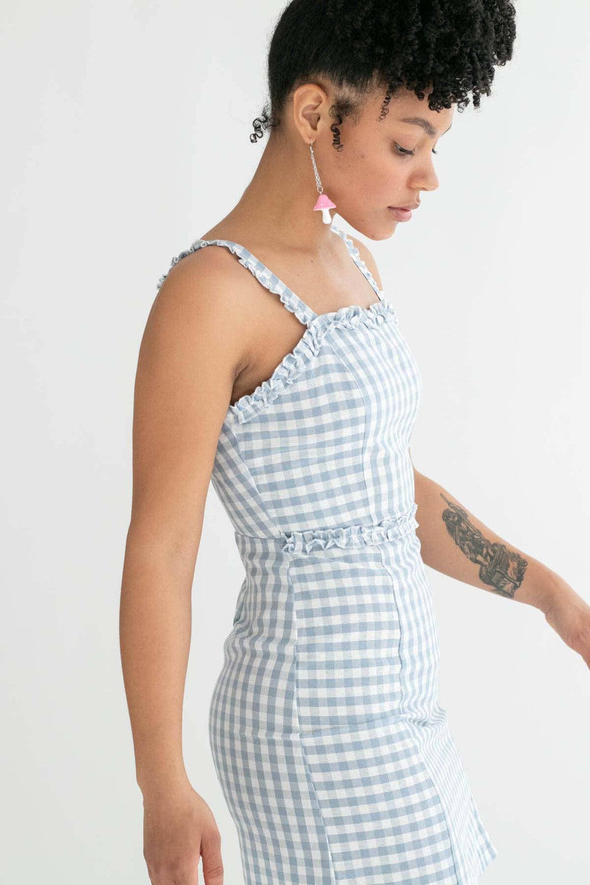 Blue Gingham Ruffle Strap Dress