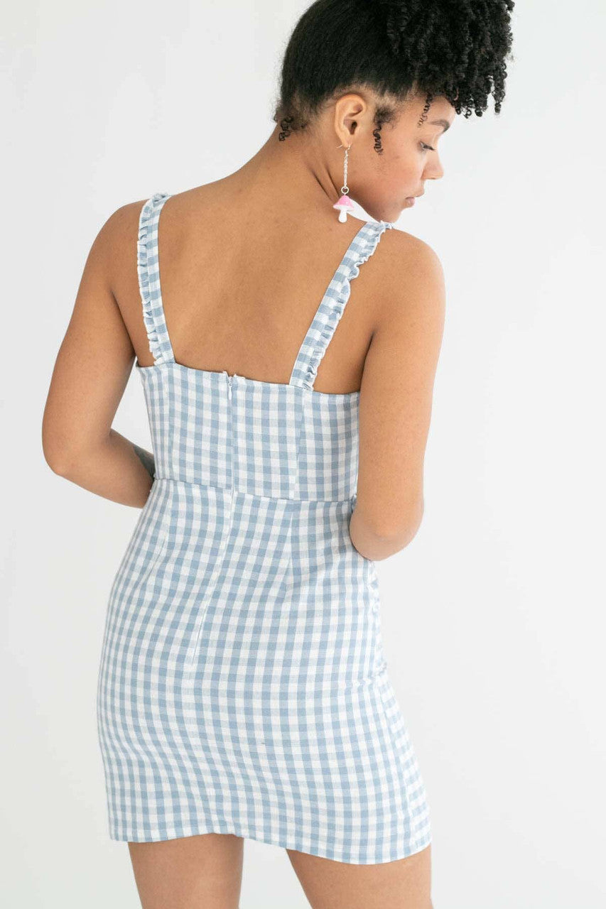 Blue Gingham Ruffle Strap Dress