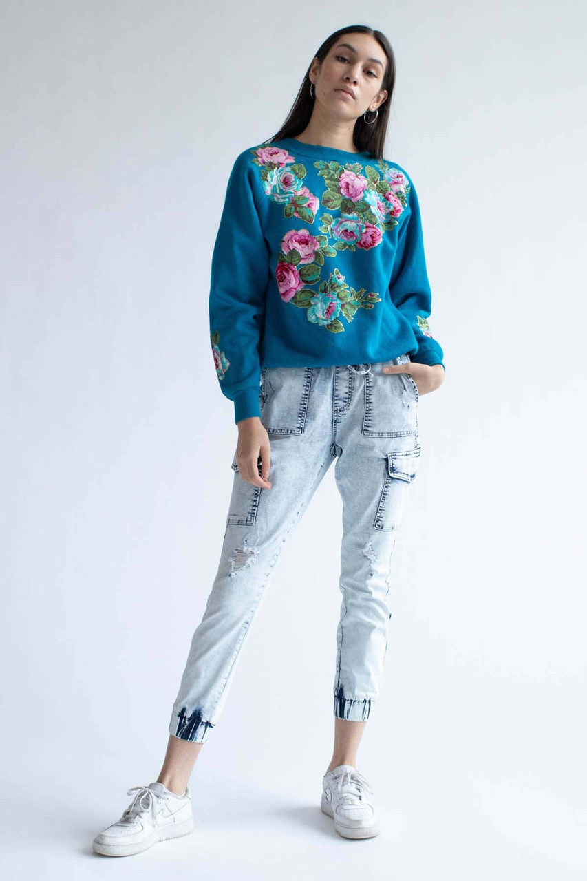 Blue Glitter Floral Applique Sweatshirt