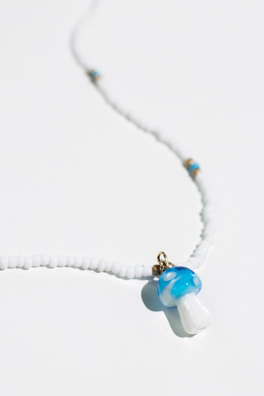 White & Blue Mushroom Bead Necklace
