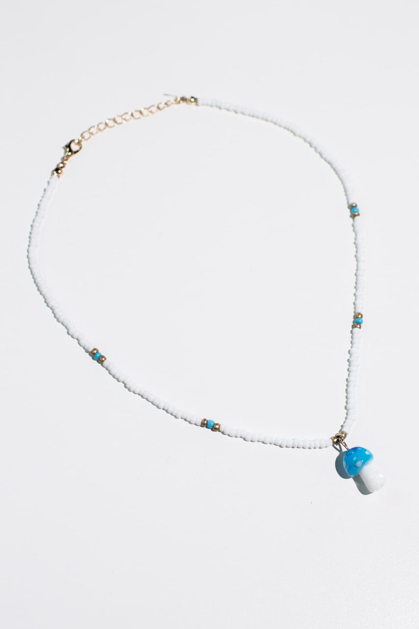 White & Blue Mushroom Bead Necklace