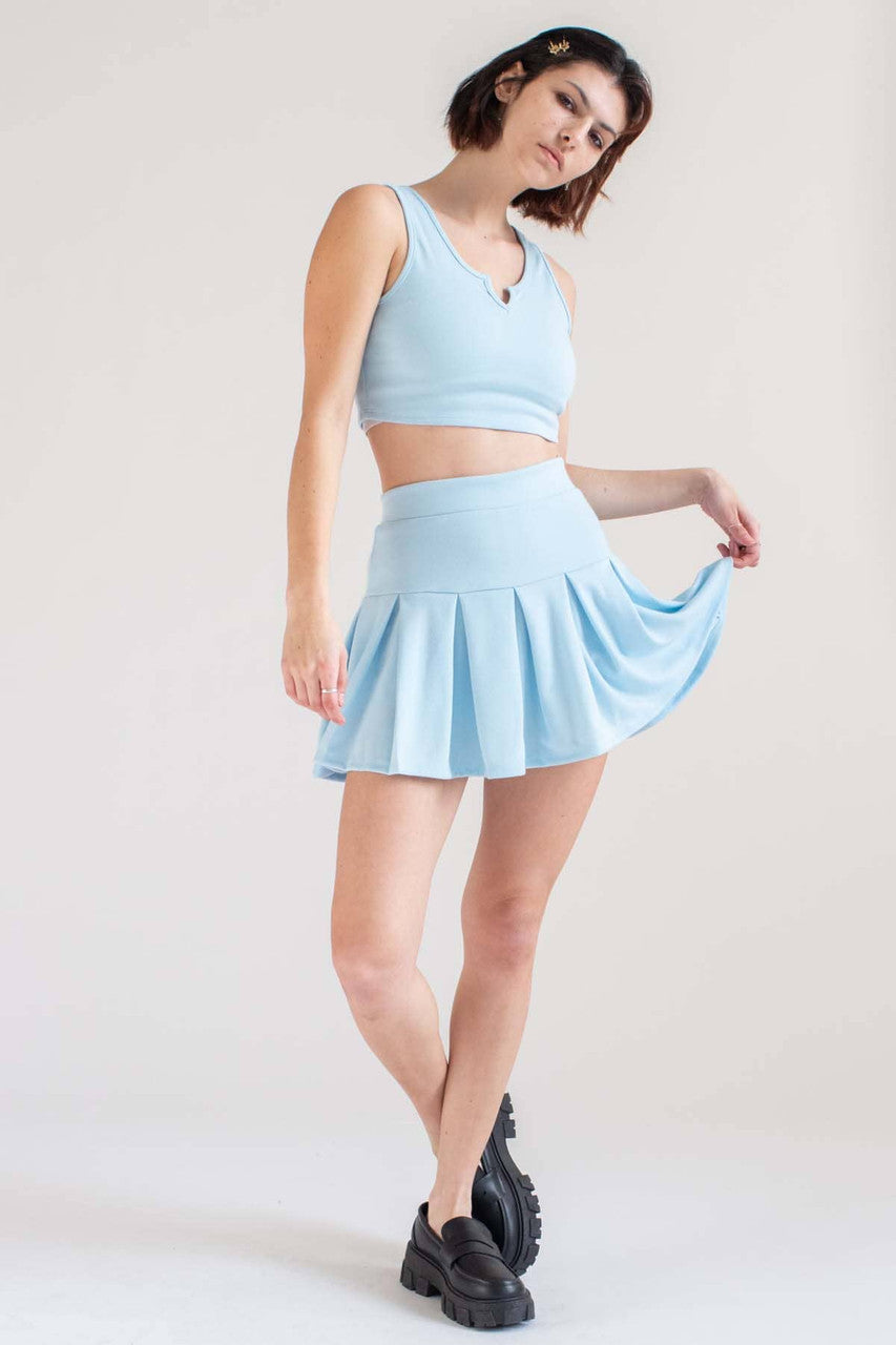 Summer Blue Notched Neck Tank & Pleated Skirt Set