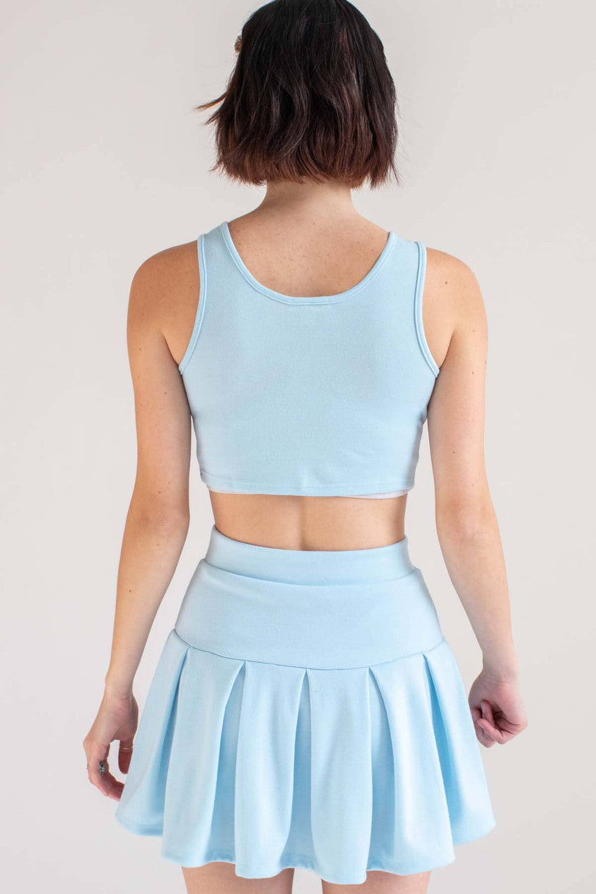 Summer Blue Notched Neck Tank & Pleated Skirt Set