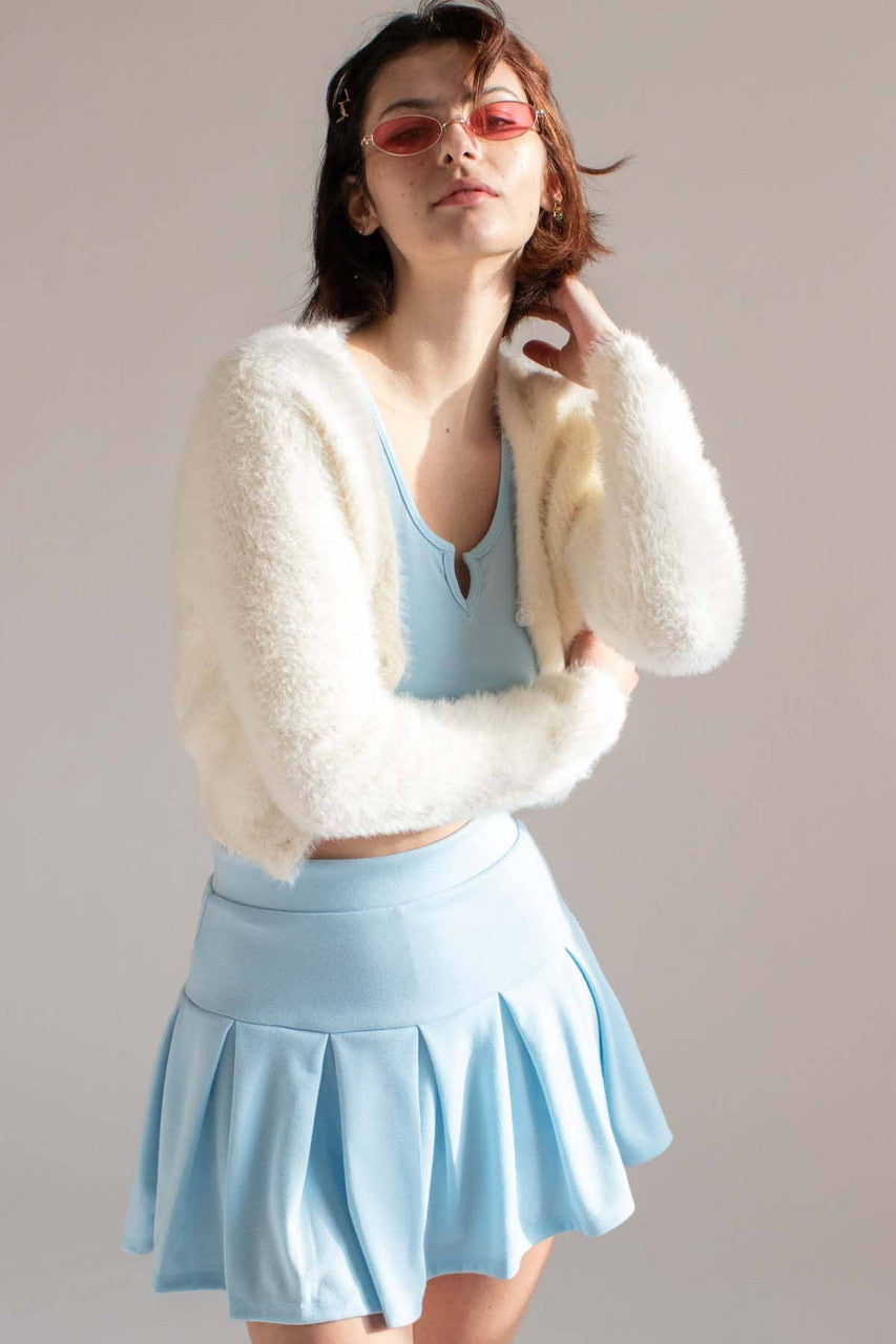 Summer Blue Notched Neck Tank & Pleated Skirt Set