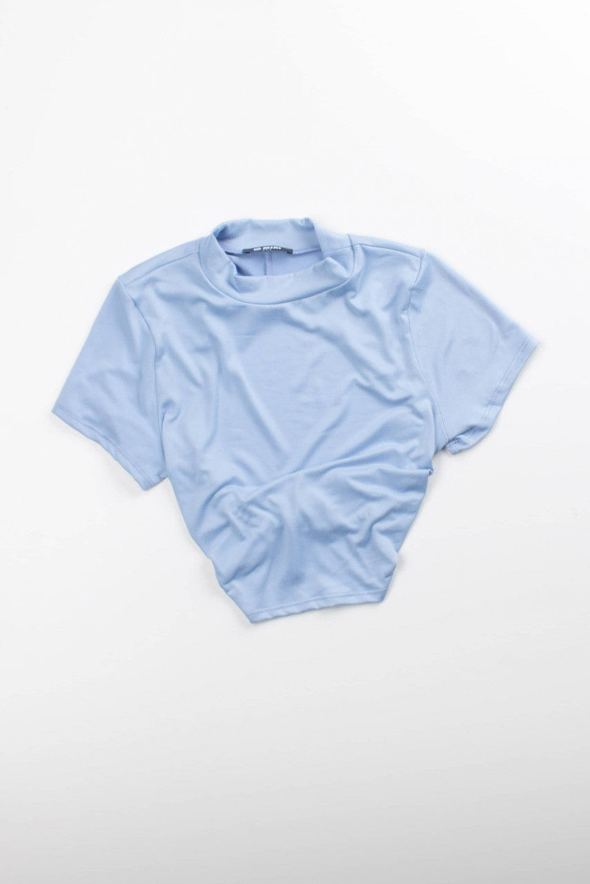 Blue Open Tie Back Mock Neck Tee