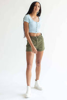 Blue Ribbed Button Up Crop Tee