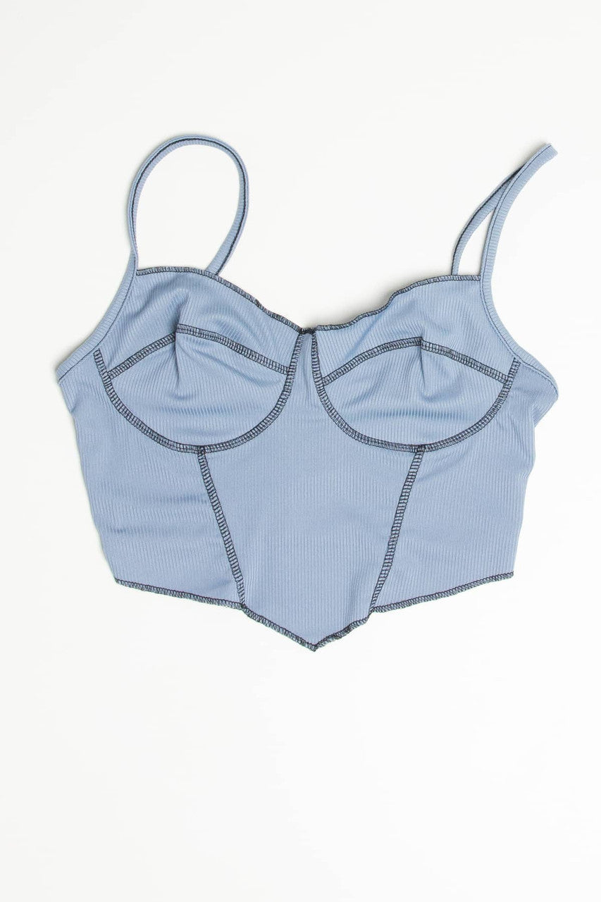 Blue Ribbed Contrast Seam Bustier Cami