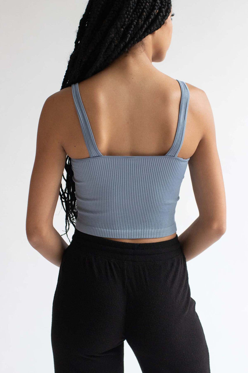 Blue Ribbed Seamless Crop Tank