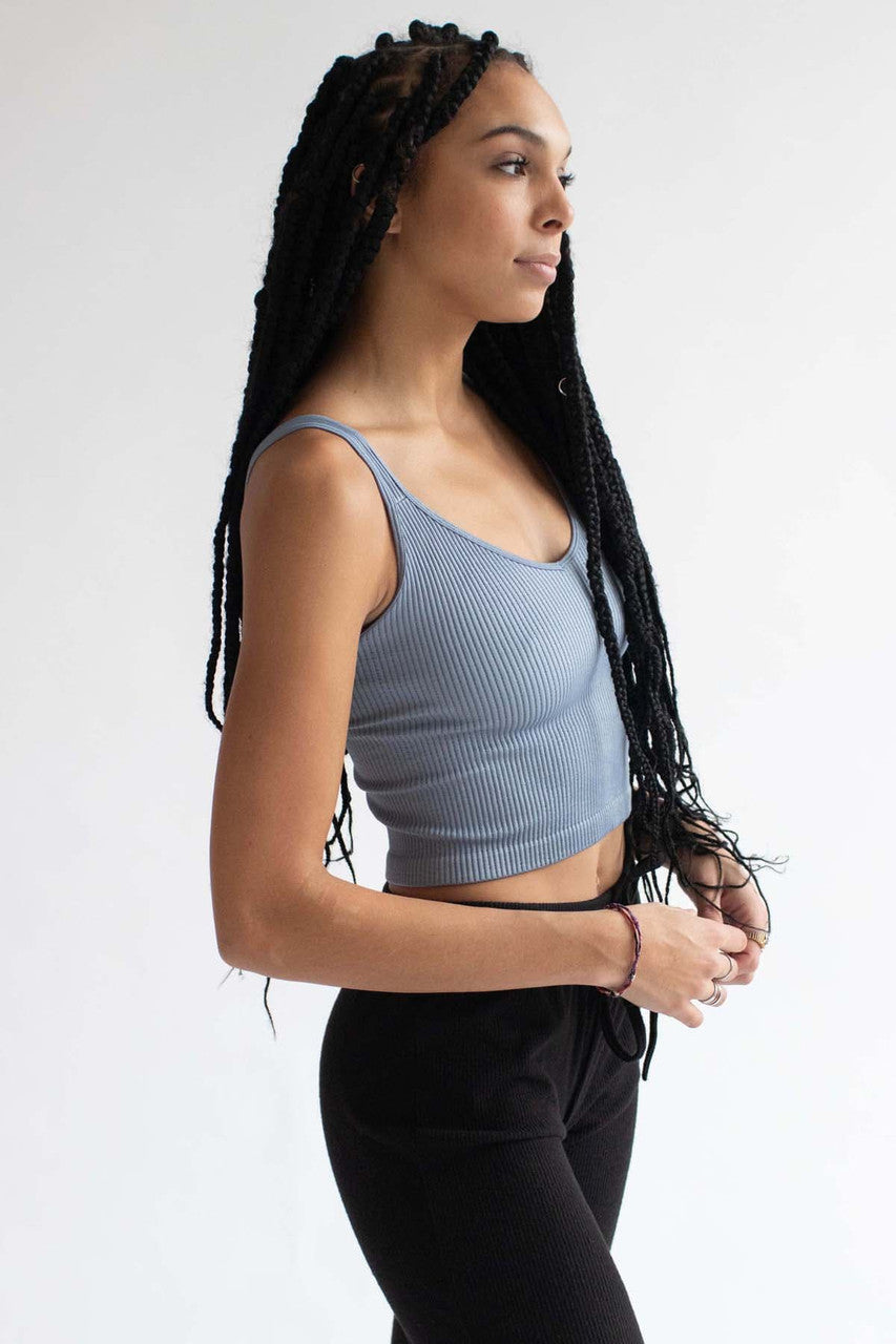 Blue Ribbed Seamless Crop Tank