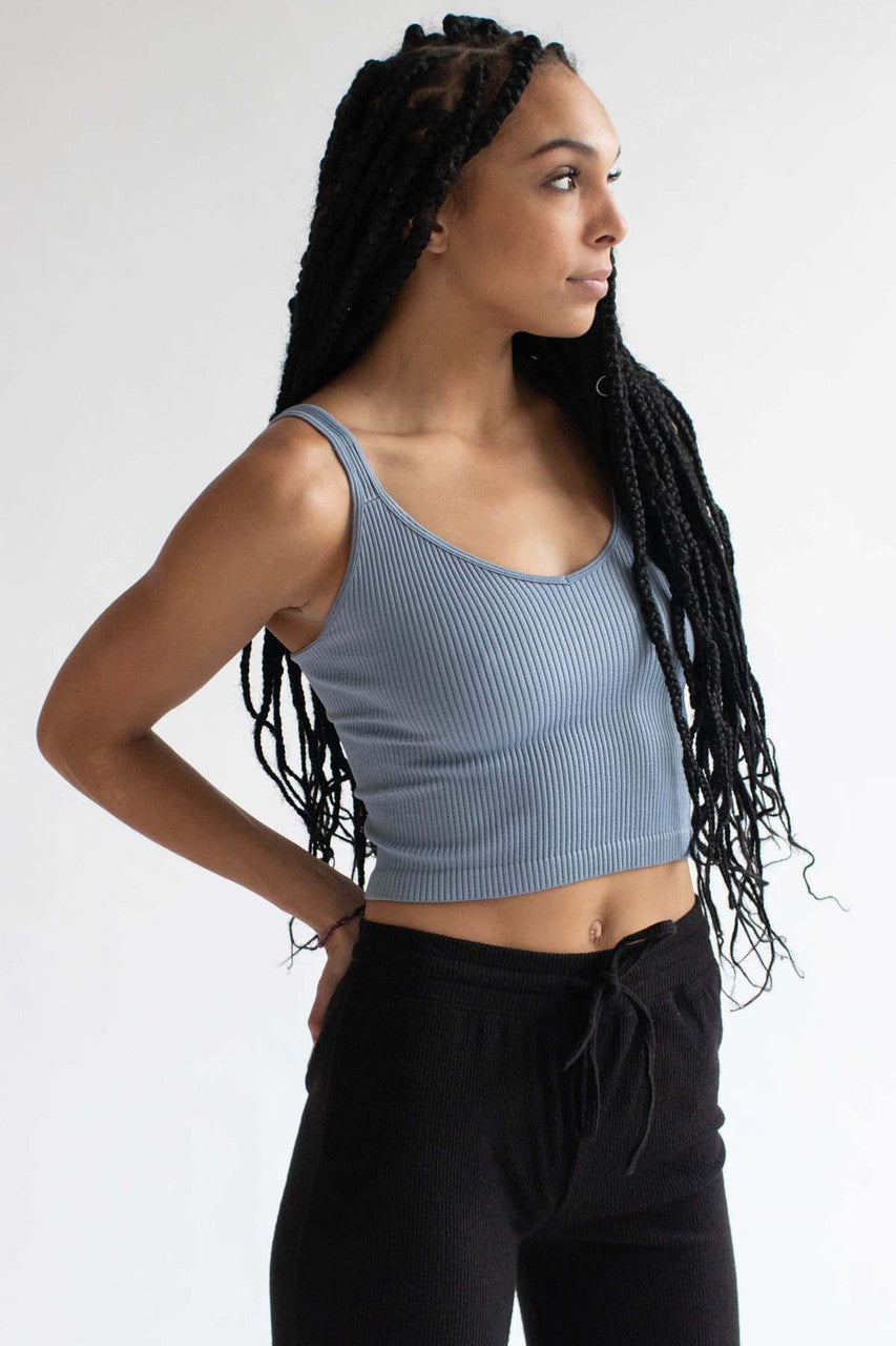 Blue Ribbed Seamless Crop Tank
