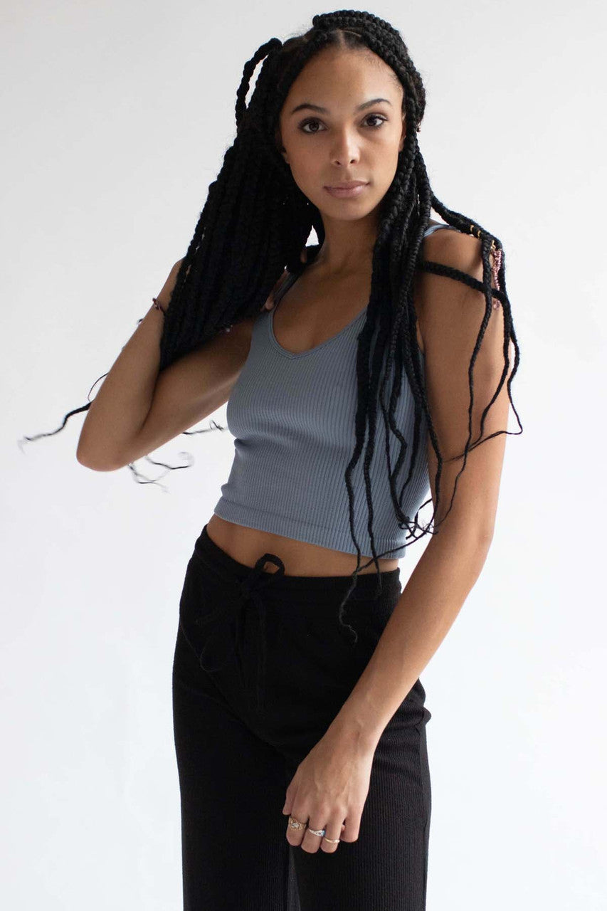 Blue Ribbed Seamless Crop Tank