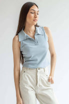 Blue Ribbed Sleeveless Polo