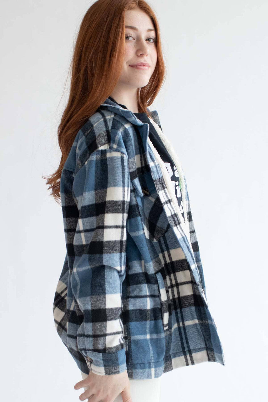 Black & Blue Plaid Sherpa Lined Shacket