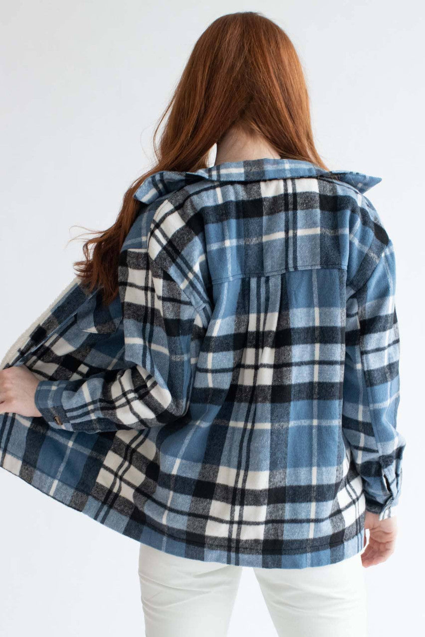 Black & Blue Plaid Sherpa Lined Shacket