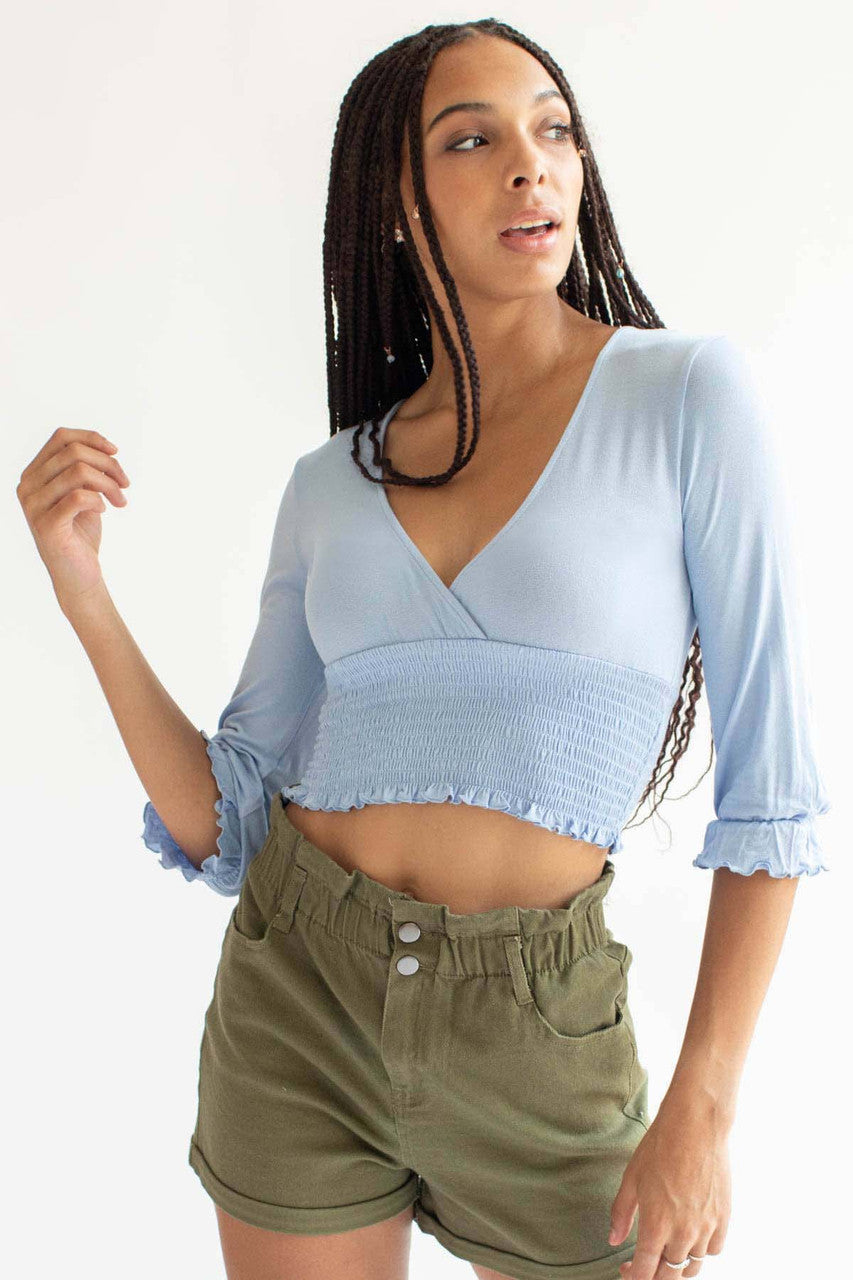 Blue Smocked Waist Deep V Neck Top