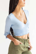 Blue Smocked Waist Deep V Neck Top