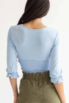 Blue Smocked Waist Deep V Neck Top