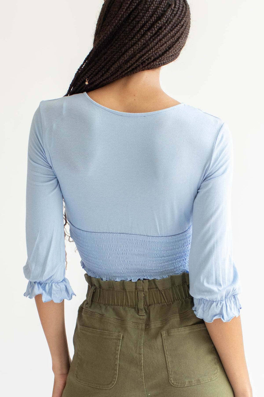 Blue Smocked Waist Deep V Neck Top