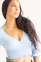 Blue Smocked Waist Deep V Neck Top
