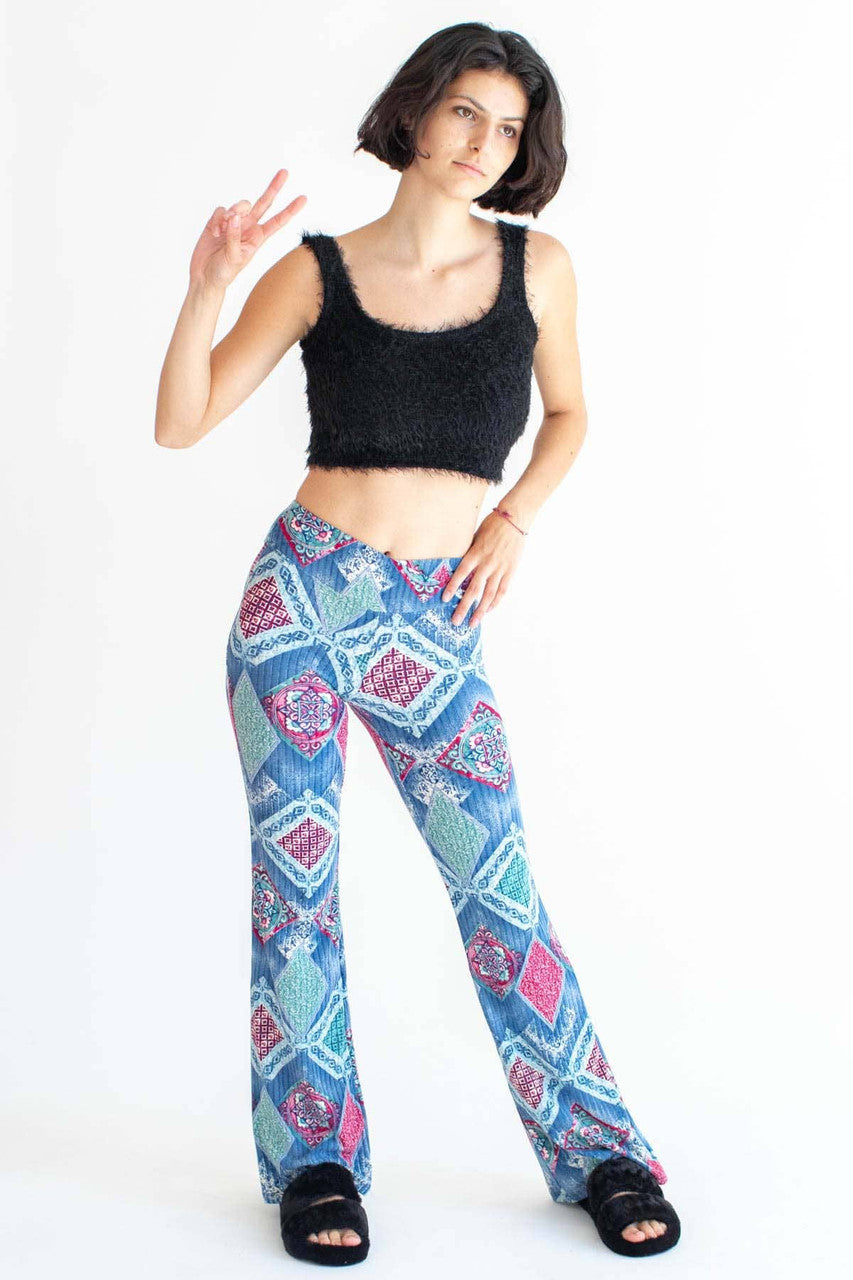 Blue Tile Print Ribbed Bell Bottoms
