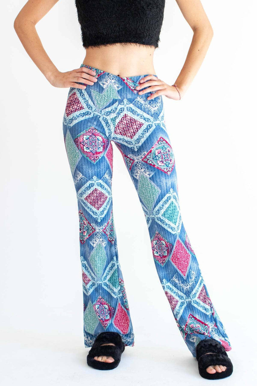 Blue Tile Print Ribbed Bell Bottoms