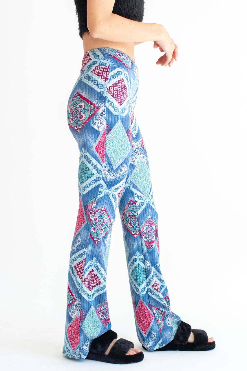 Blue Tile Print Ribbed Bell Bottoms