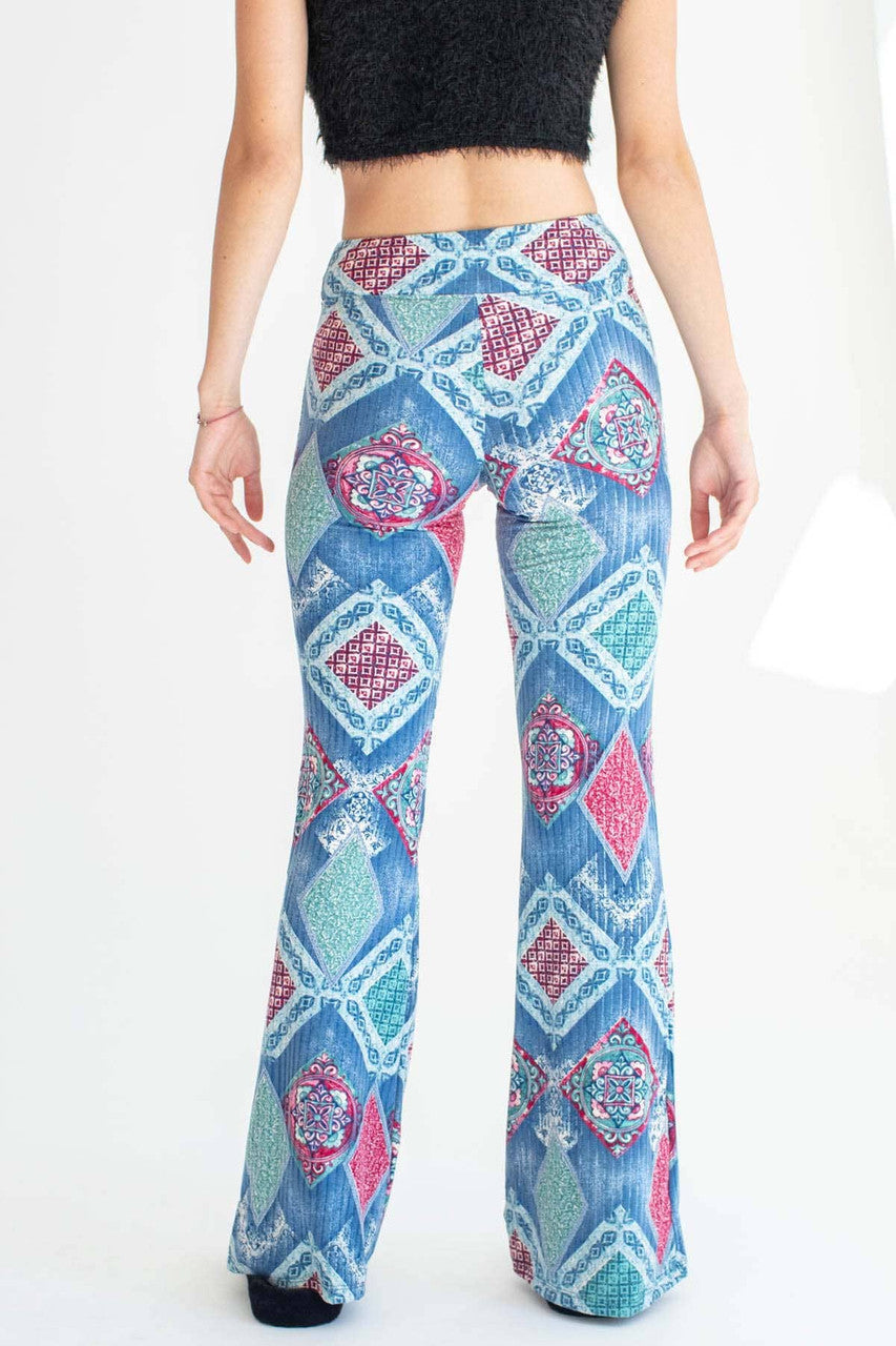 Blue Tile Print Ribbed Bell Bottoms