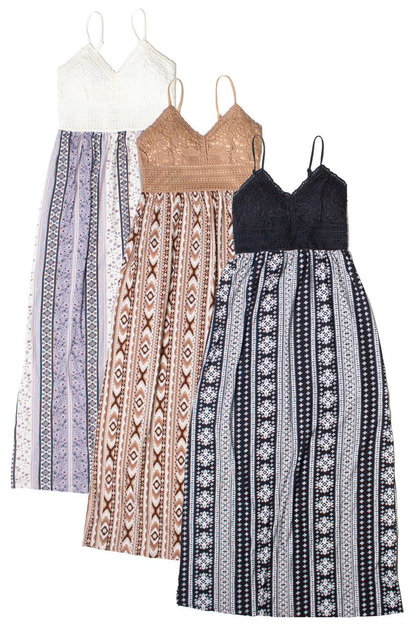 Lace Top Border Print Maxi Dress