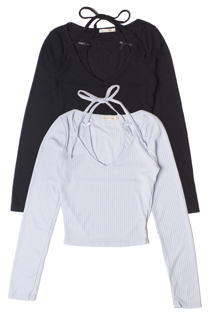 Layered Halter Bow Long Sleeve Top