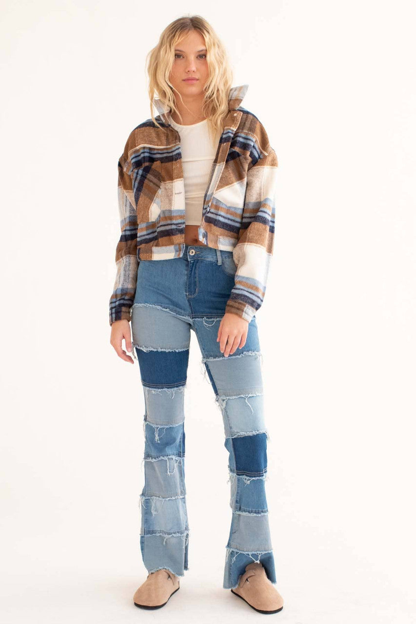 Brown & Blue Plaid Trucker Cropped Shacket