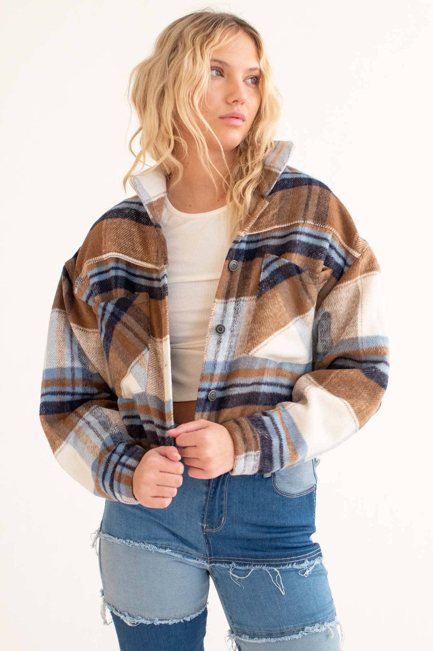 Brown & Blue Plaid Trucker Cropped Shacket